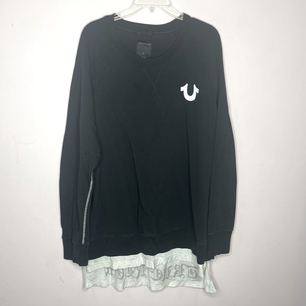 TRUE RELIGION Jet Black Pull Over Raglan W/Shirt Tail Mens 2XL RT $168 EUC - Picture 4 of 10